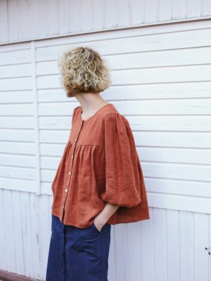 Linen puffy sleeve blouse