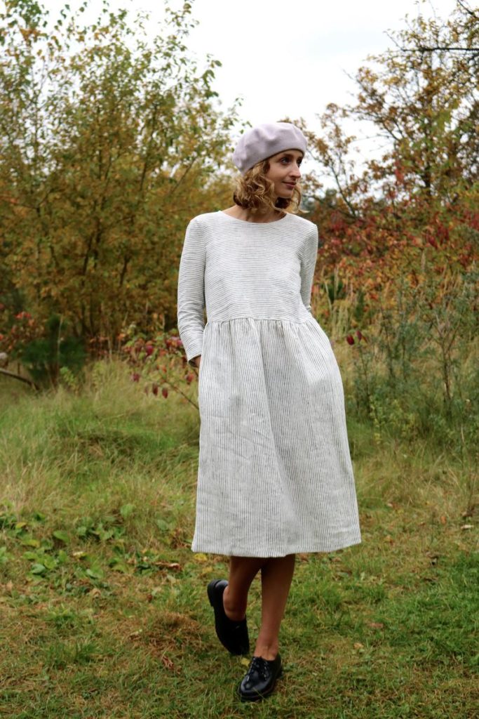 Loose Washed Striped Linen Dress - Image 1