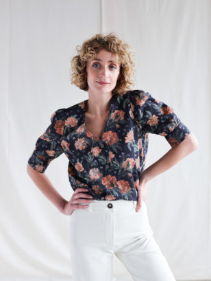 Floral V-neck cotton blouse