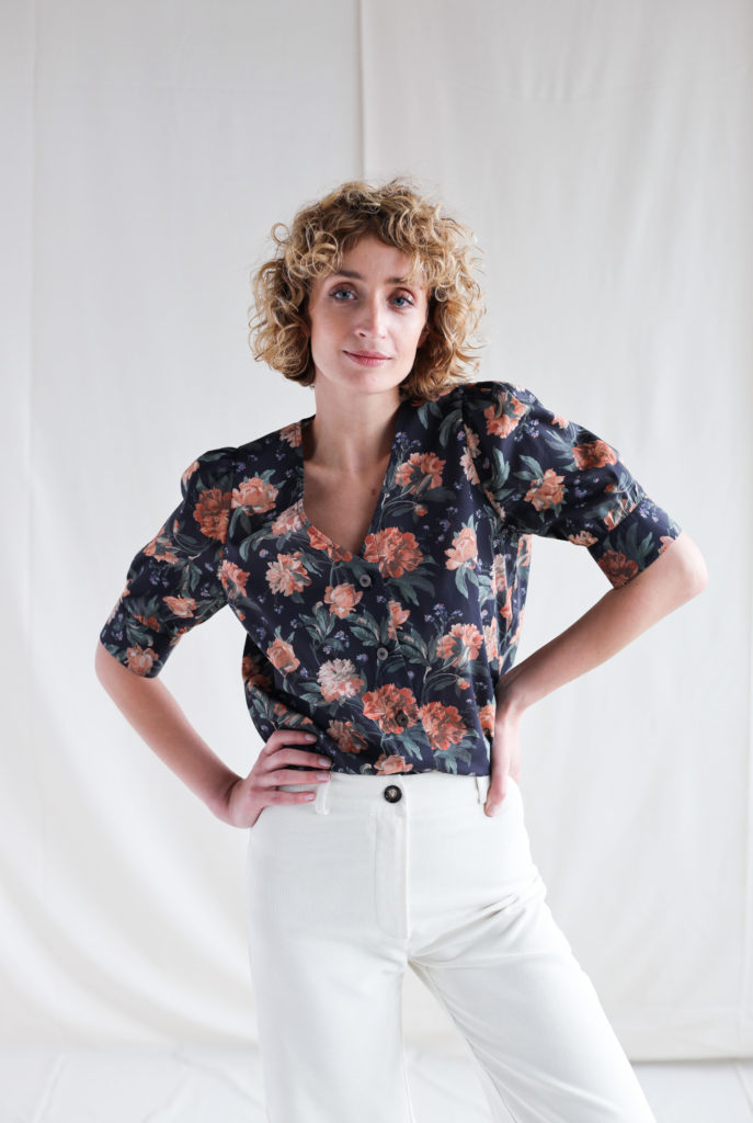 Floral V-neck cotton blouse