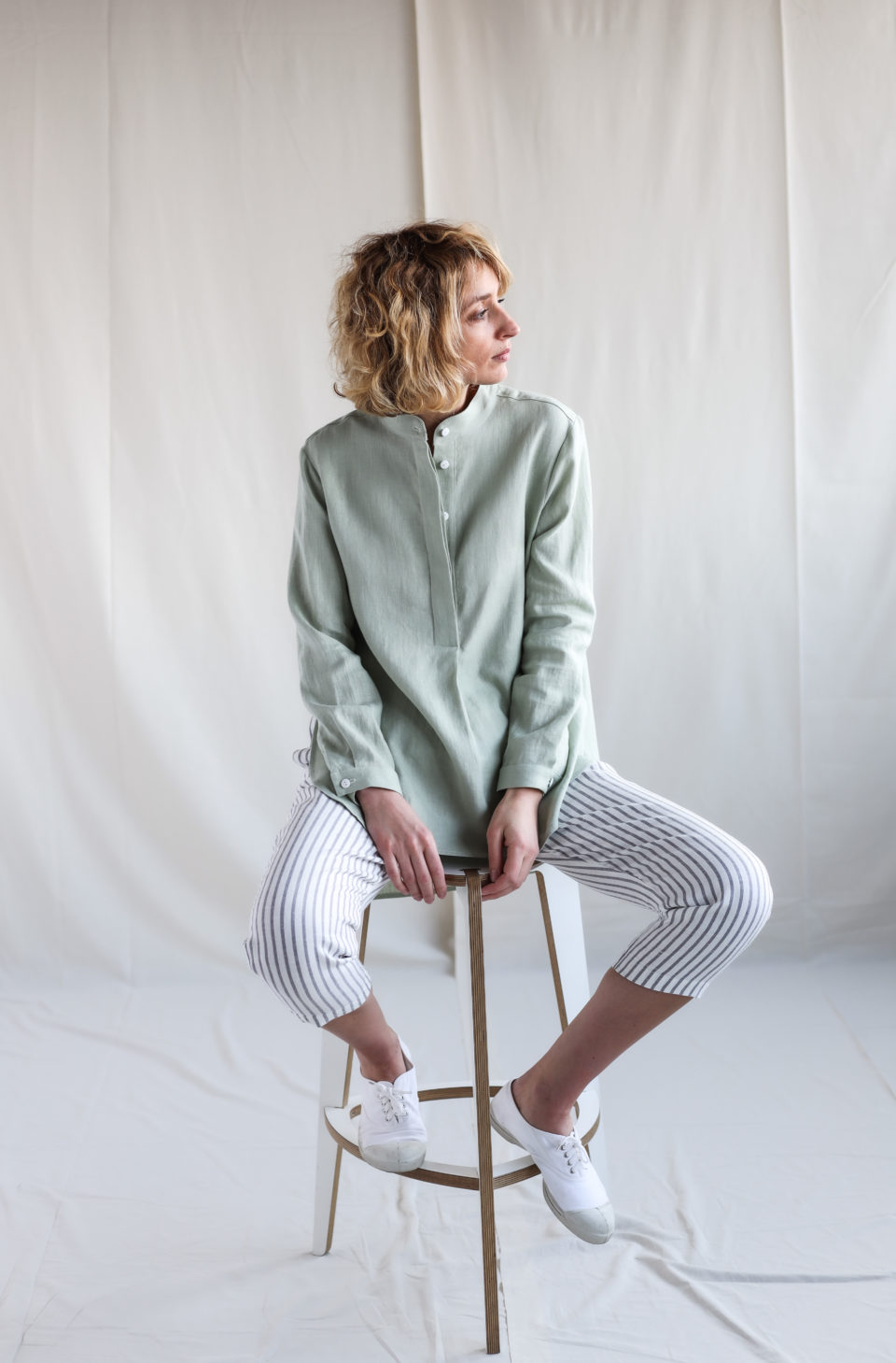 Linen long sleeve mandarin collar shirts