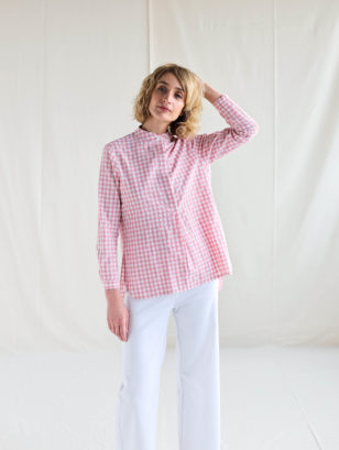 Gingham long sleeve grandad collar shirts