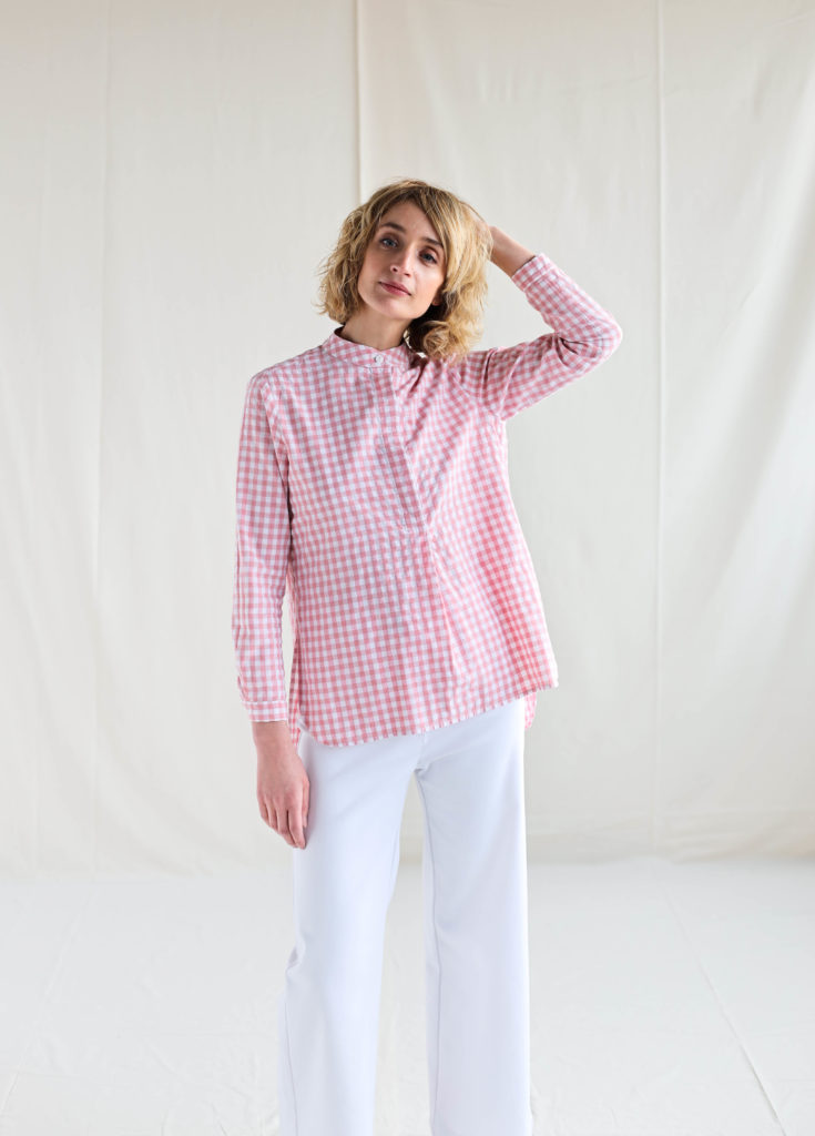 Gingham long sleeve grandad collar shirts