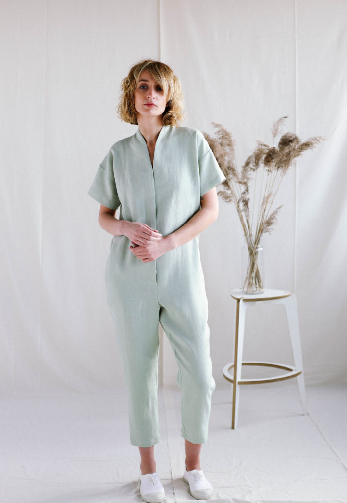 Short sleeved linen jumpsuit with a tie-belt - Image 1