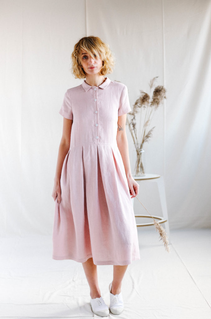 Linen Pleated Skirt Shirt Dress - Image 2