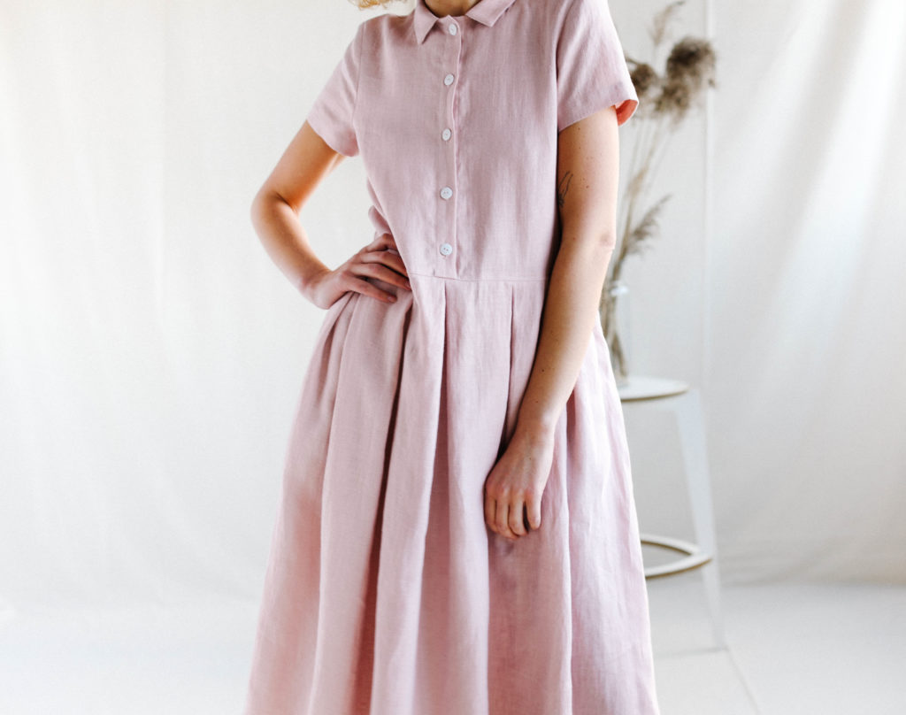 Linen Pleated Skirt Shirt Dress - Image 1