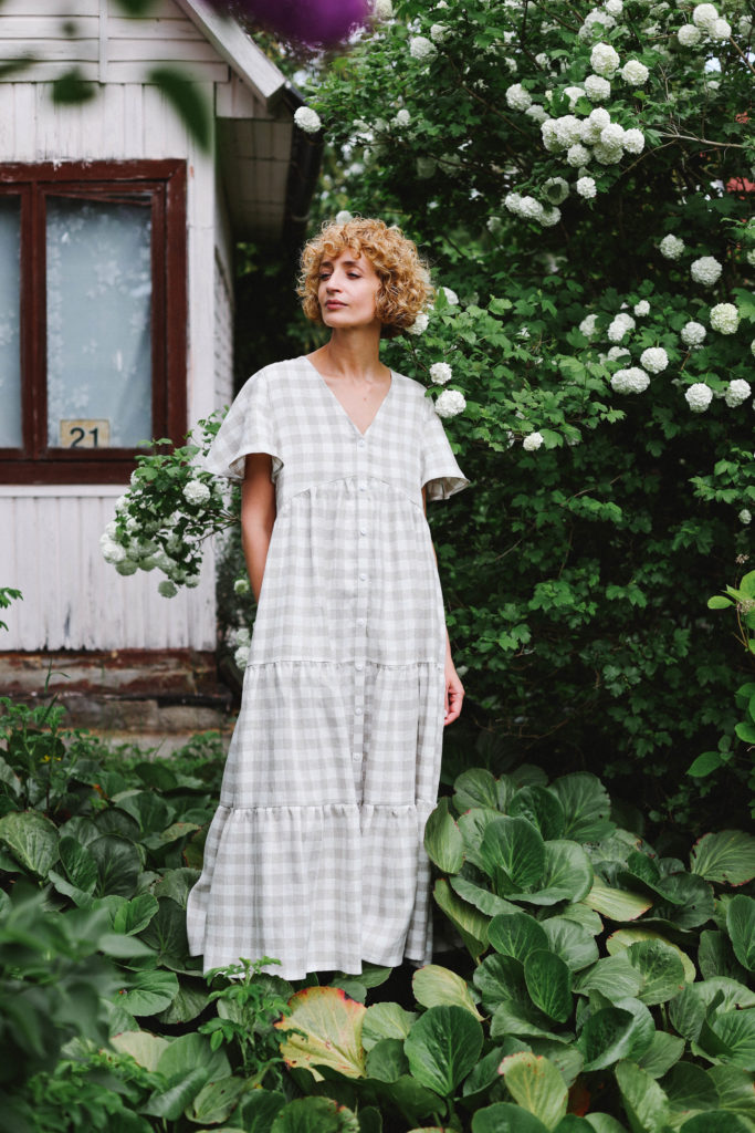 Tiered Maxi linen check dress | Dress | Sustainable clothing | OffOn clothing