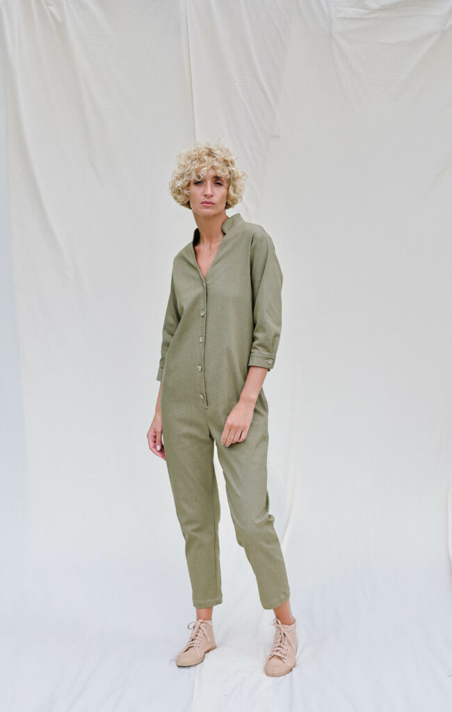 Mandarin collar denim jumpsuit | Jumpsuits | Sustainable clothing | OffOn clothing