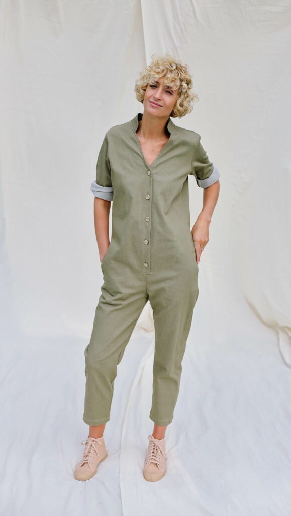 Mandarin collar denim jumpsuit - Image 1