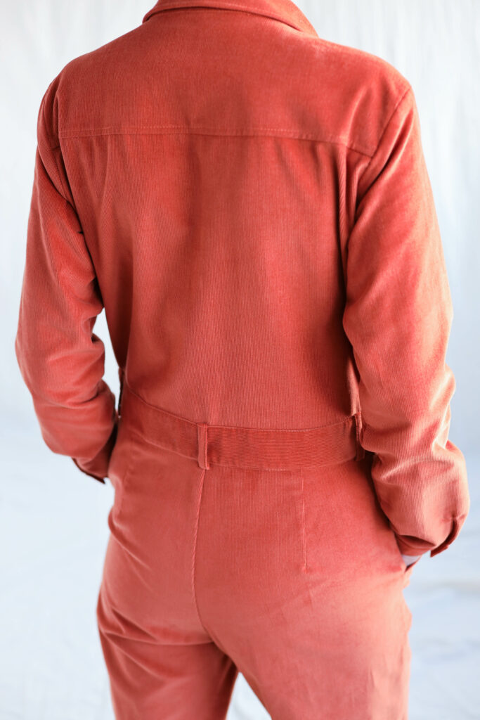 Needlecord long sleeve boiler suit in brick orange - Image 2