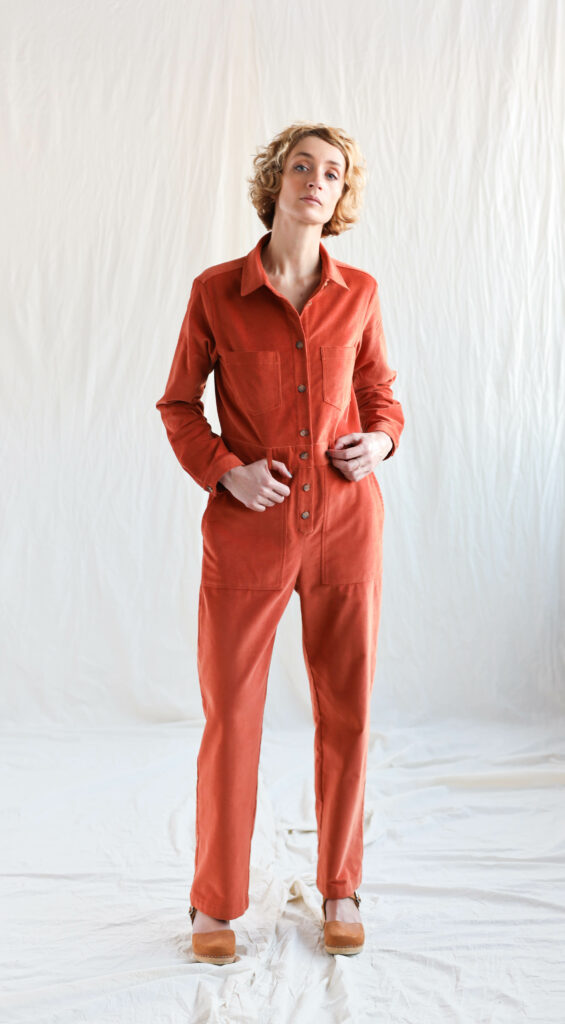 Needlecord long sleeve boiler suit in brick orange - Image 4