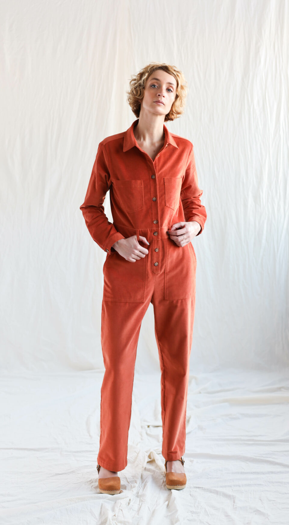 Needlecord long sleeve boiler suit in brick orange - Image 4