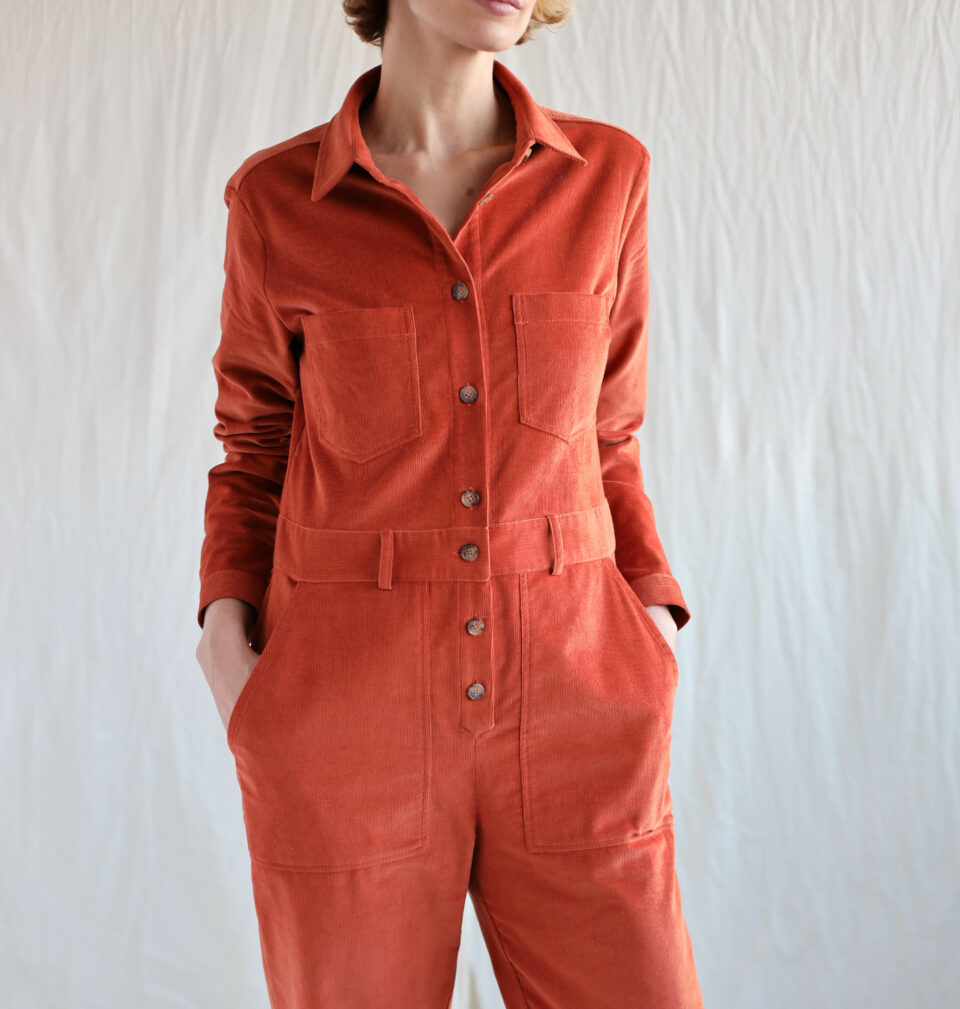 Needlecord long sleeve boiler suit in brick orange - Image 3