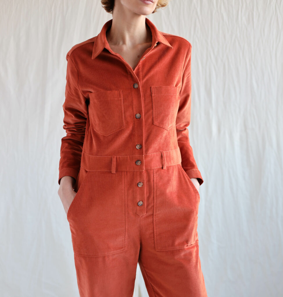 Needlecord long sleeve boiler suit in brick orange - Image 3