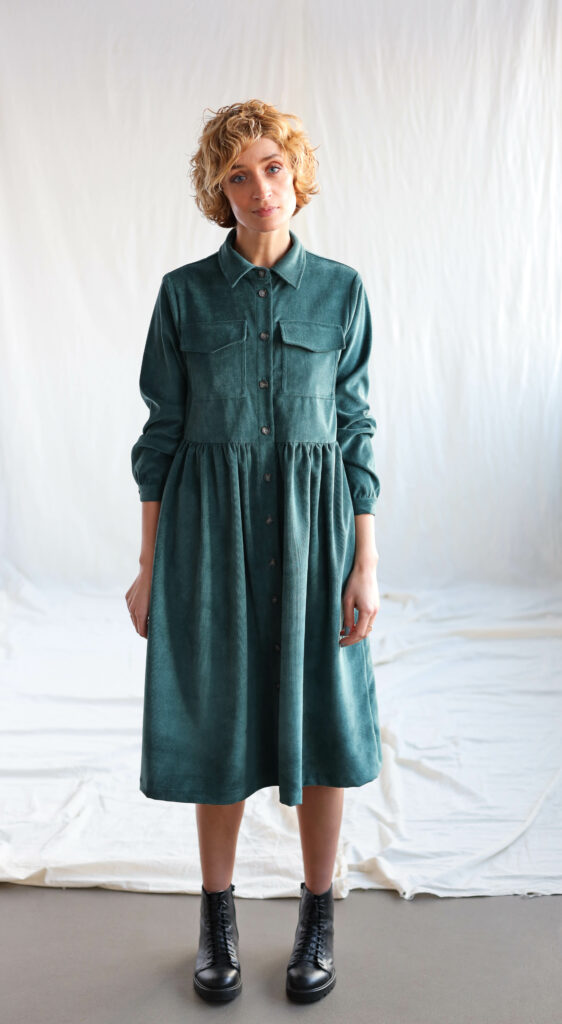 Needlecord button down shirtdress in petrol color | Dress | Sustainable clothing | OffOn clothing