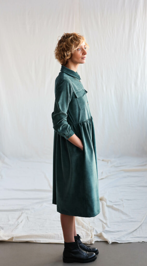 Needlecord button down shirtdress in petrol color - Image 1