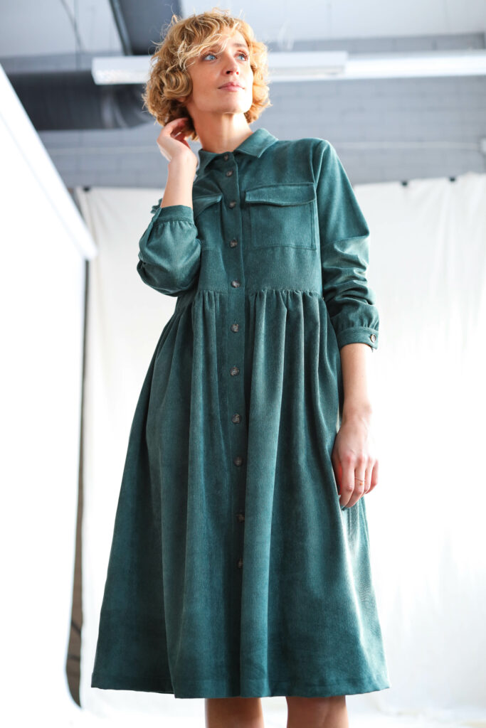 Needlecord button down shirtdress in petrol color - Image 4