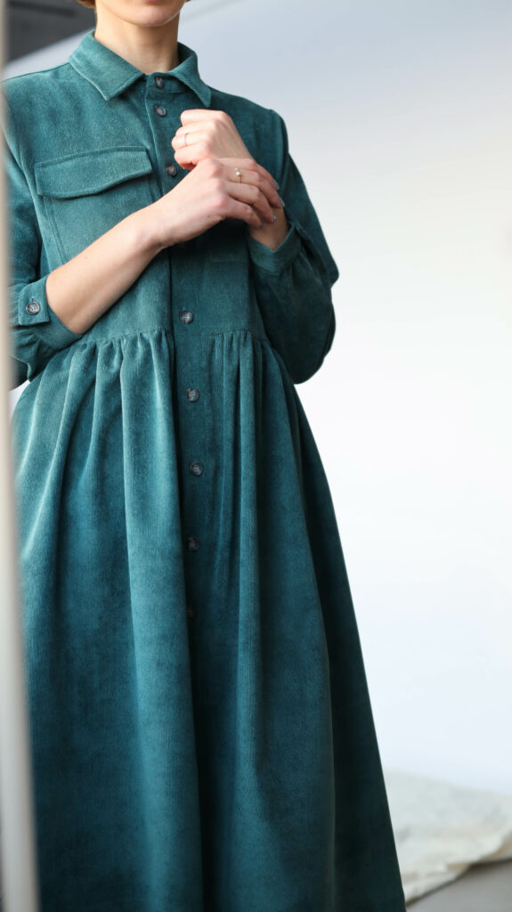 Needlecord button down shirtdress in petrol color - Image 5