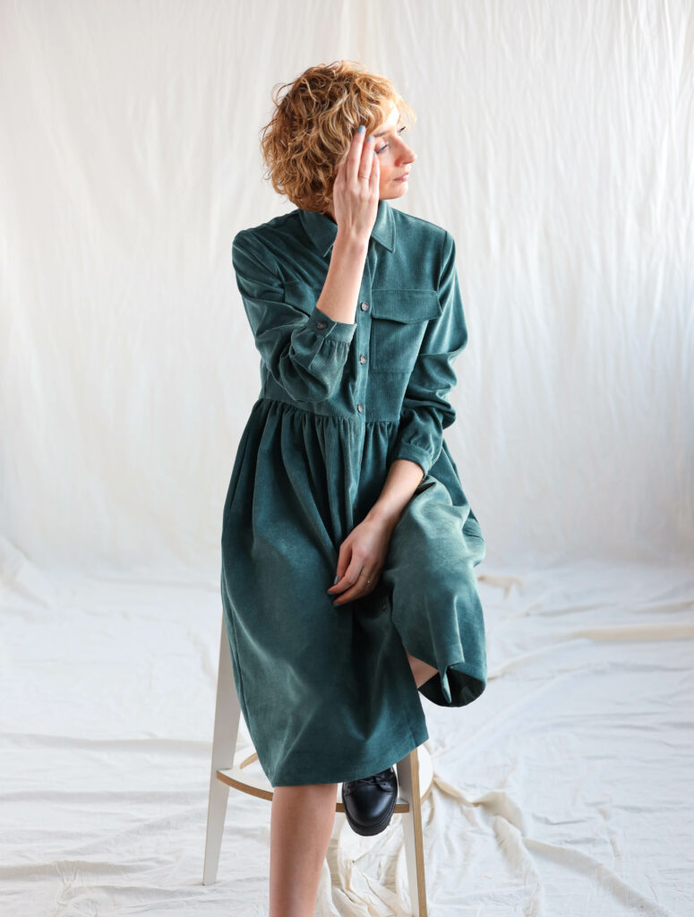 Needlecord button down shirtdress in petrol color - Image 6