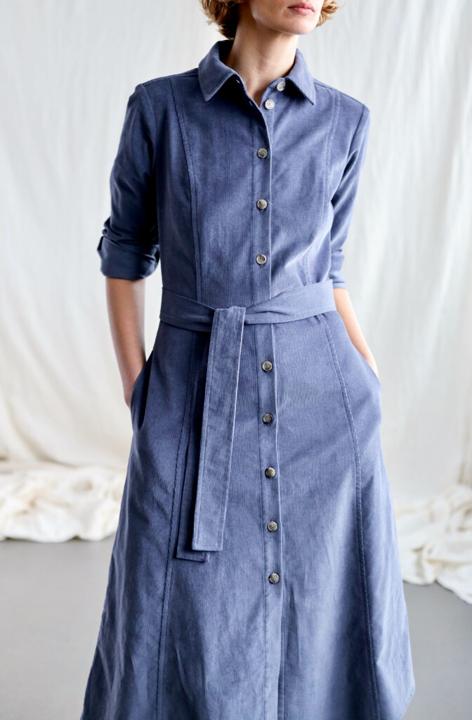 A-line denim blue needlecord dress Bonnie | Dress | Sustainable clothing | OffOn clothing