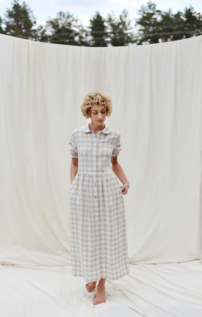 Checkered linen button down dress MAY - Image 2