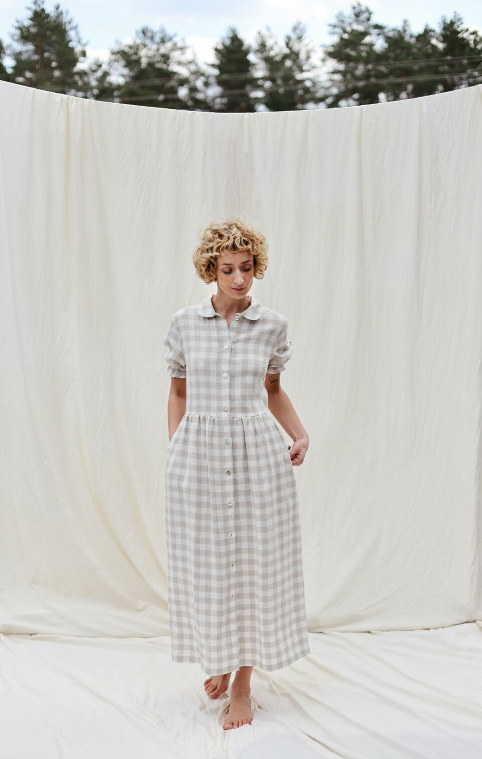 Checkered linen button down dress MAY - Image 2
