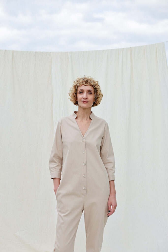 Relaxed fit denim jumpsuit in beige - Image 2