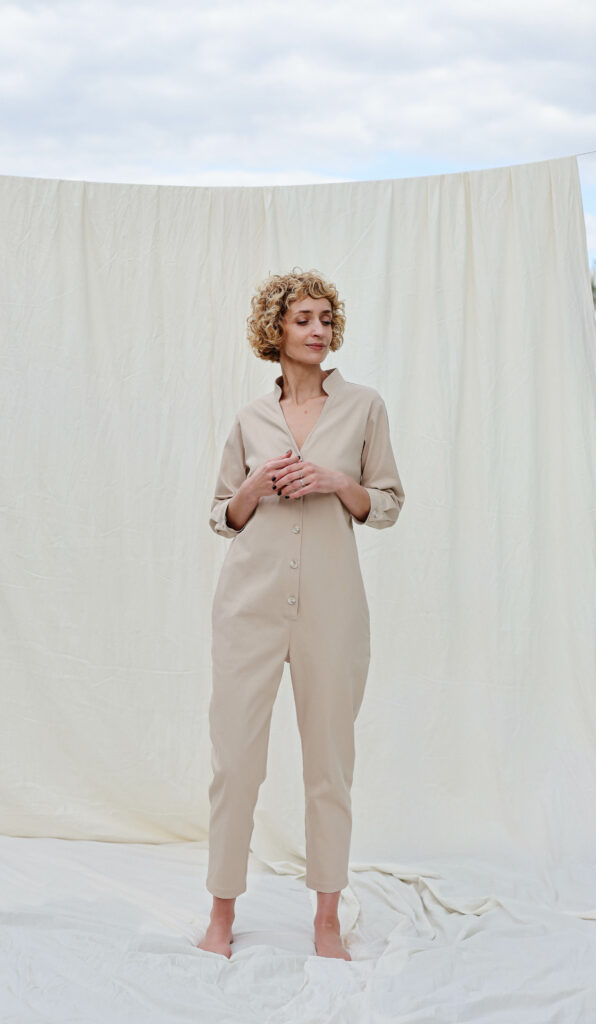 Relaxed fit denim jumpsuit in beige | Jumpsuits | Sustainable clothing | OffOn clothing