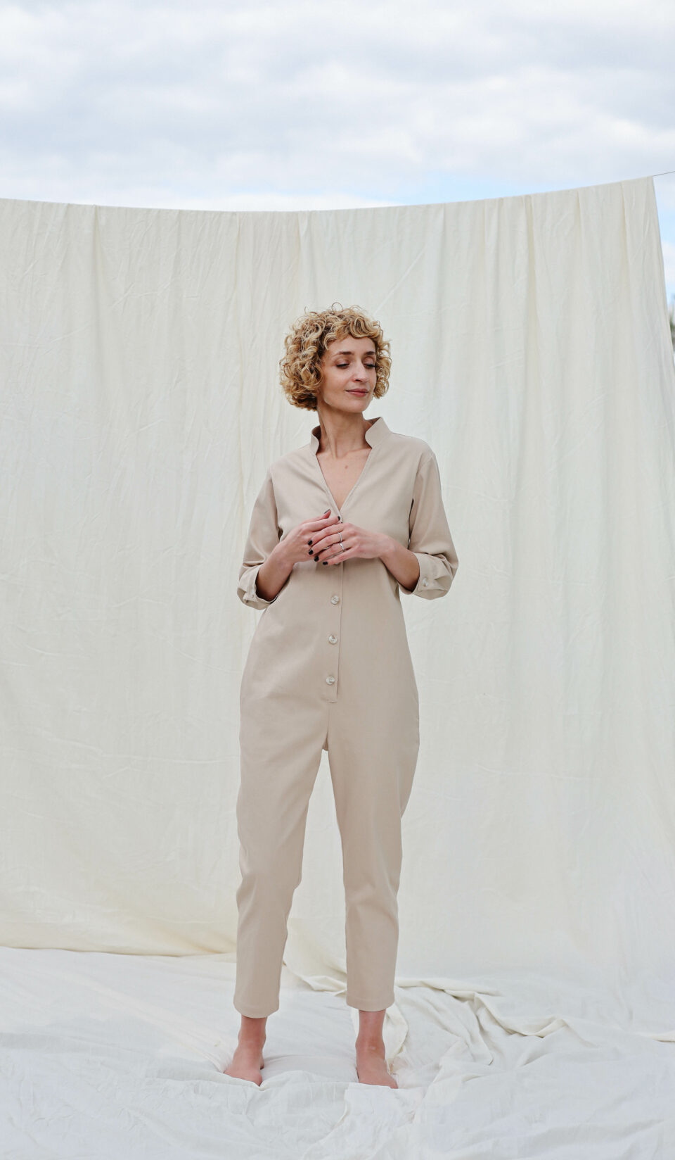 Relaxed fit denim jumpsuit in beige | Jumpsuits | Sustainable clothing | OffOn clothing