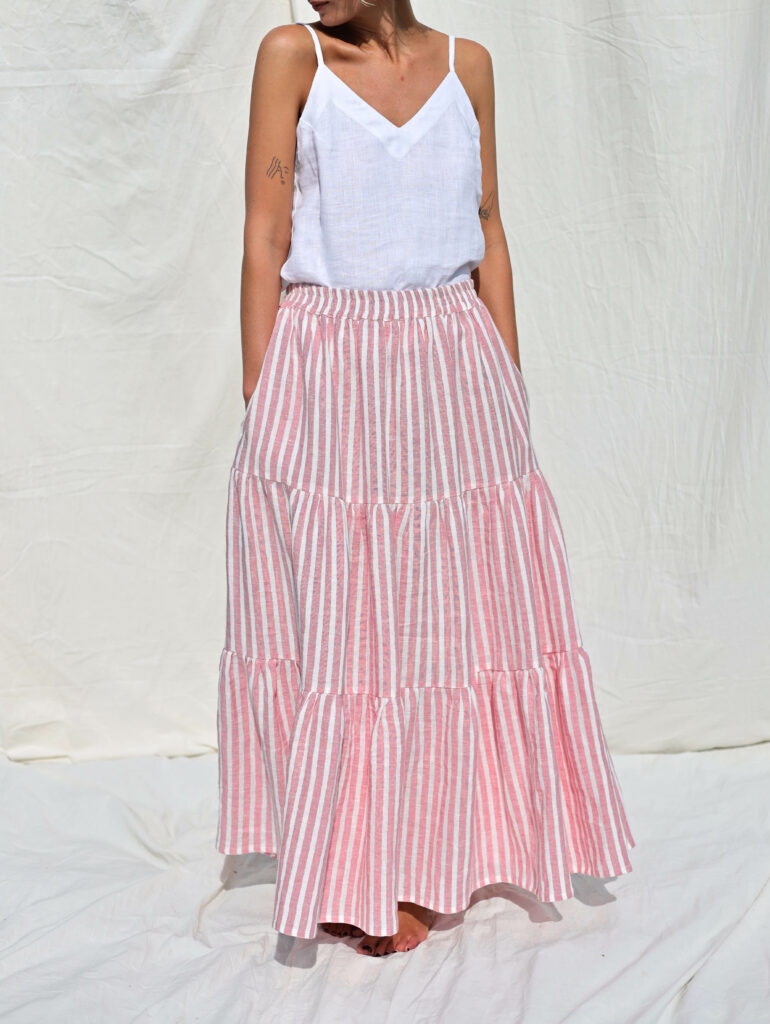 Maxi striped linen tiered skirt with elasticated waist - Image 1