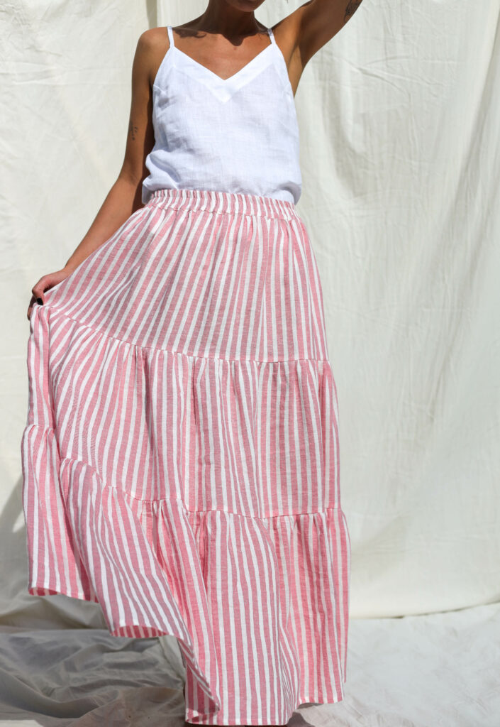 Maxi striped linen tiered skirt with elasticated waist - Image 3