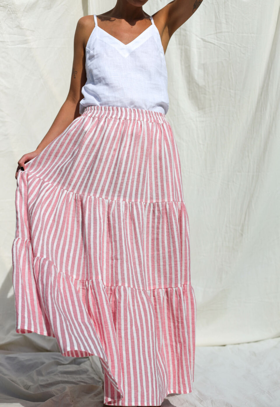 Maxi striped linen tiered skirt with elasticated waist - Image 3