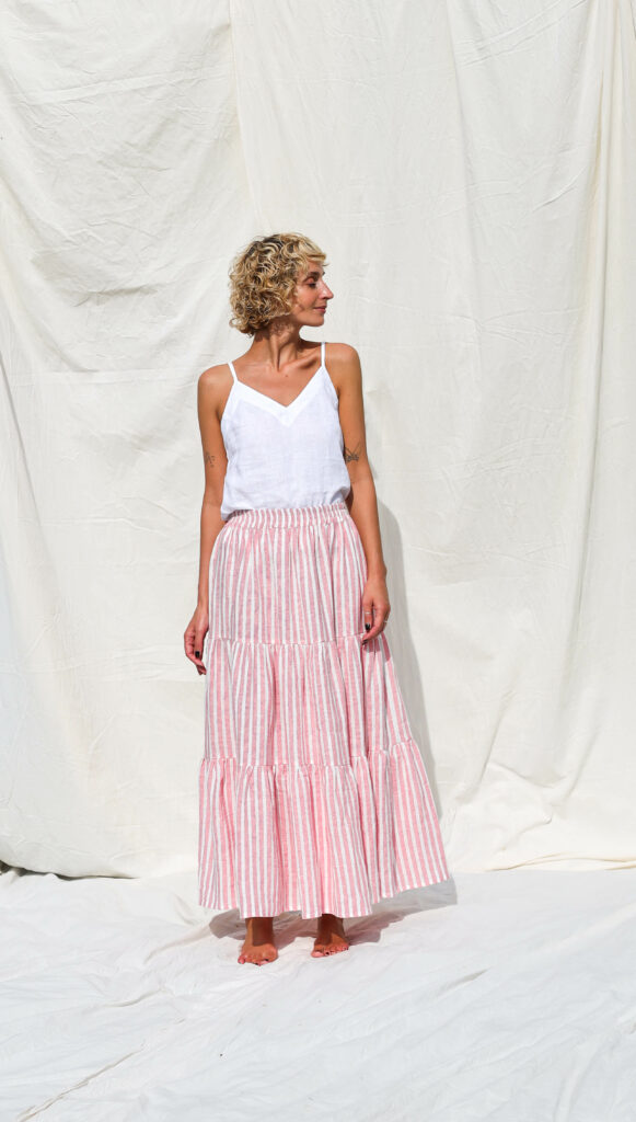 MAXI STRIPED LINEN TIERED SKIRT