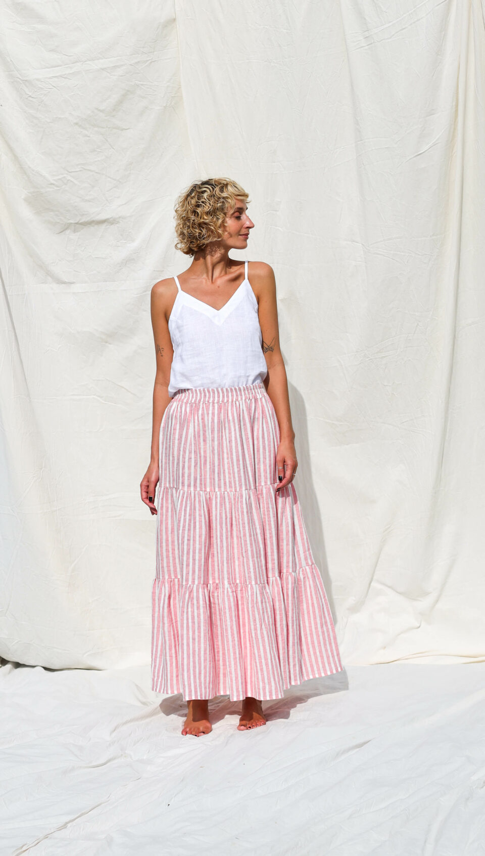 MAXI STRIPED LINEN TIERED SKIRT