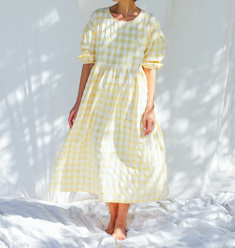 Yellow seersucker checks dress PERLA | Dress | Sustainable clothing | OffOn clothing