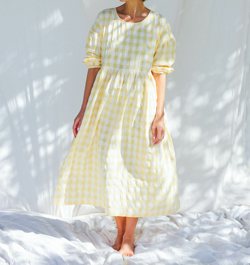 Yellow seersucker checks dress PERLA | Dress | Sustainable clothing | OffOn clothing