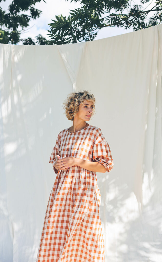 Dropped shoulders checks print dress PERLA | Dress | Sustainable clothing | OffOn clothing