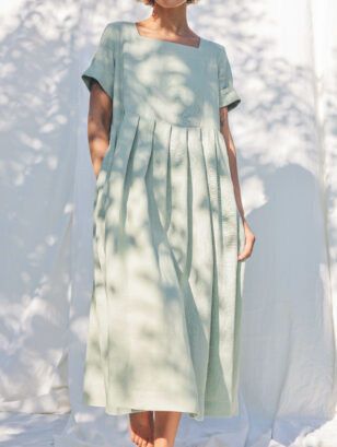 Sage green linen square neck dress SANTA | Dress | Sustainable clothing | OffOn clothing