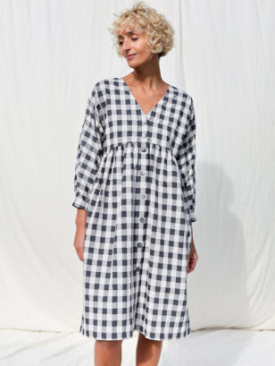 Checkered V-neck button up dress