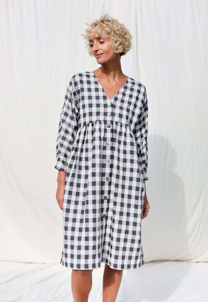 Checkered V-neck button up dress