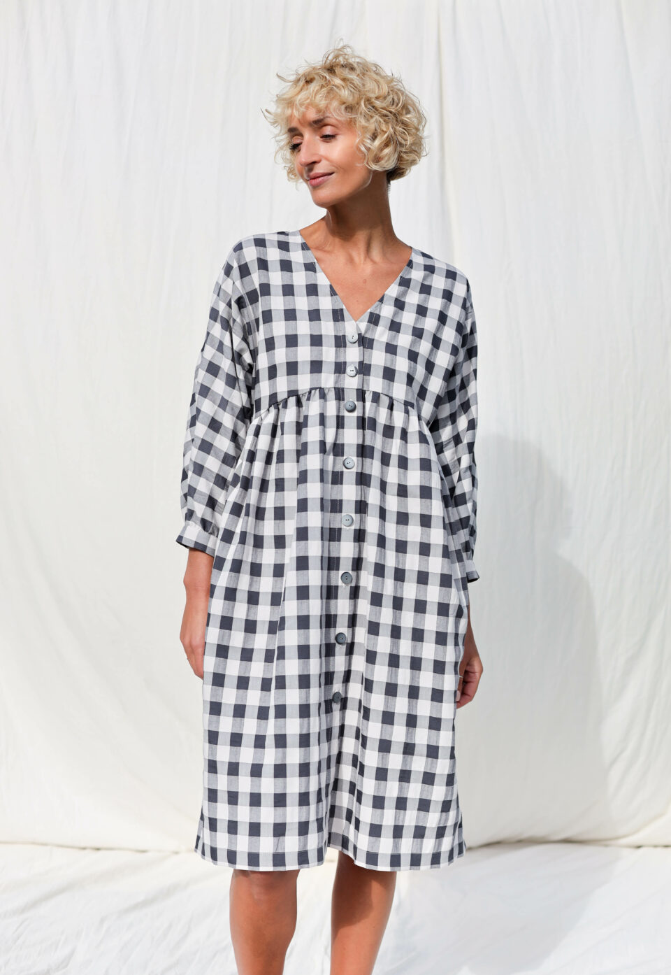 Checkered V-neck button up dress