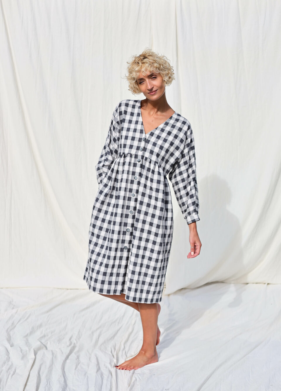 Checkered V-neck button up dress - Image 2