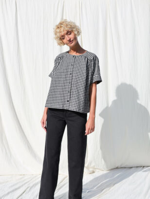 Loose short sleeve gingham blouse