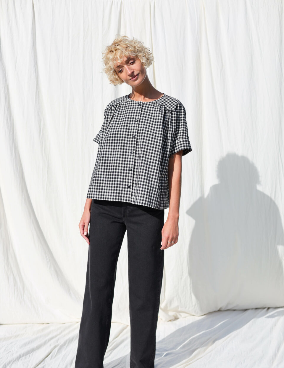 Loose short sleeve gingham blouse