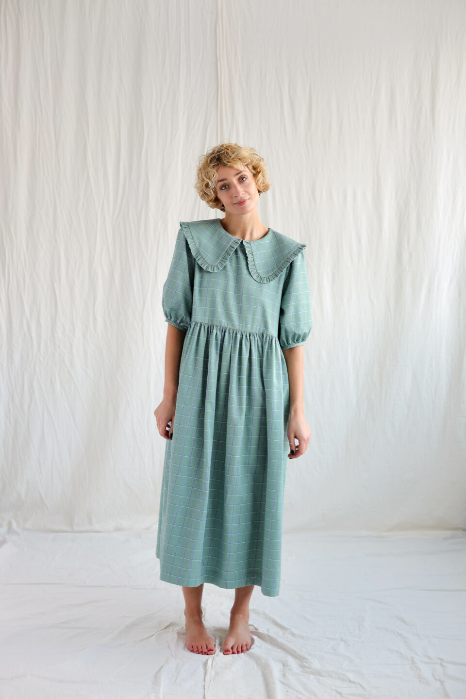 Puritan collar loose fit plaid cotton dress SERENA - Image 1