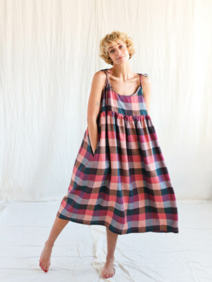 Loose tie strap linen sundress in checks | Dress | Multicolored Check | Sustainable clothing | OffOn clothing