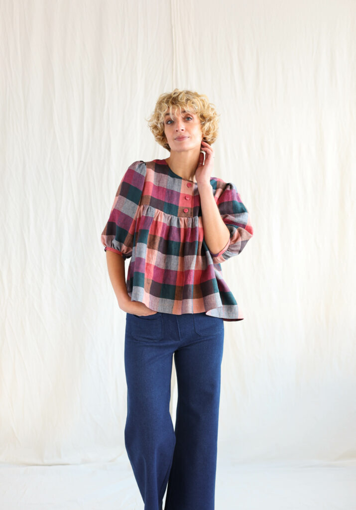 Checkered linen puff sleeve top | Tops | Multicolored Checks | Sustainable clothing | OffOn clothing