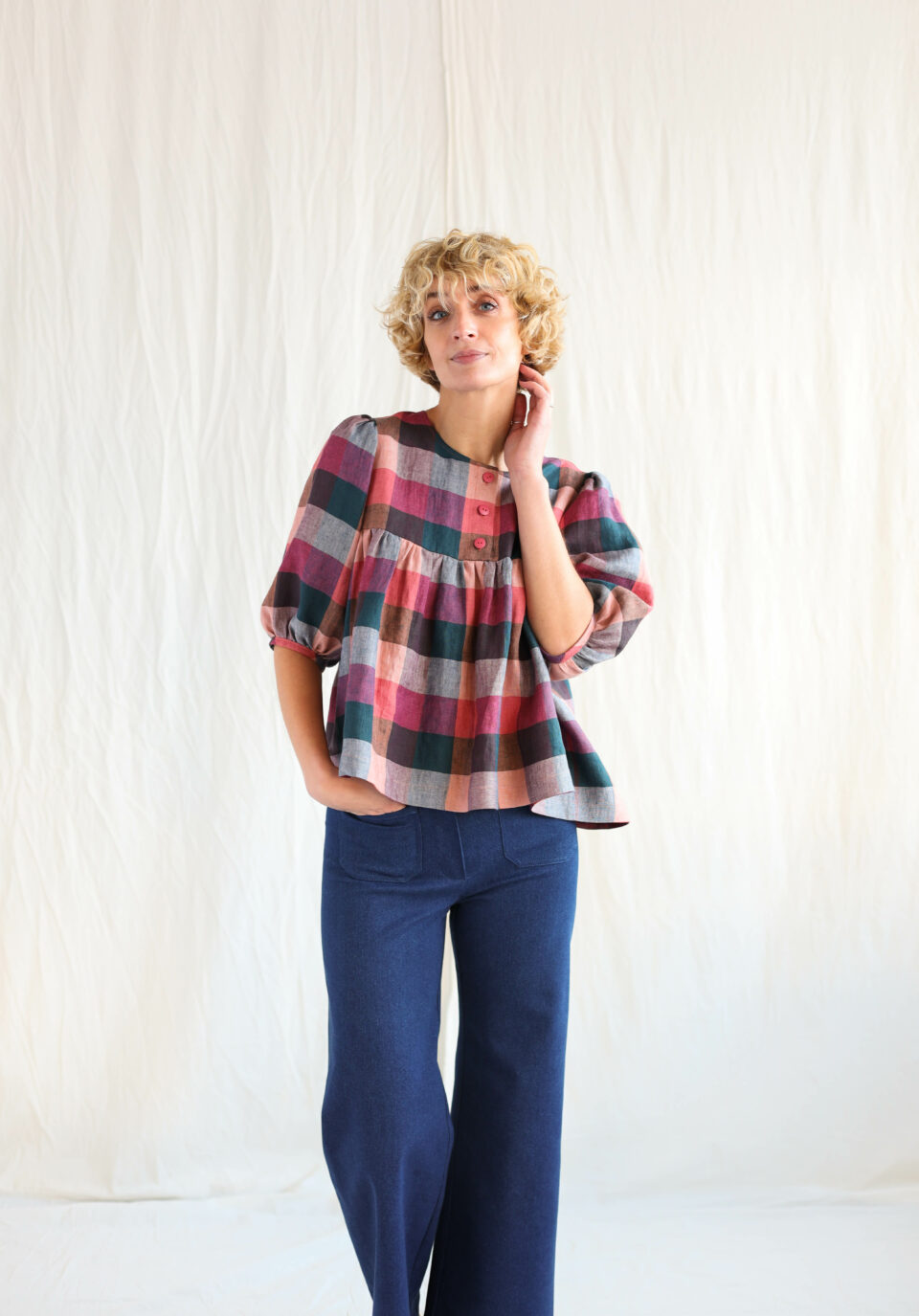 Checkered linen puff sleeve top | Tops | Multicolored Checks | Sustainable clothing | OffOn clothing