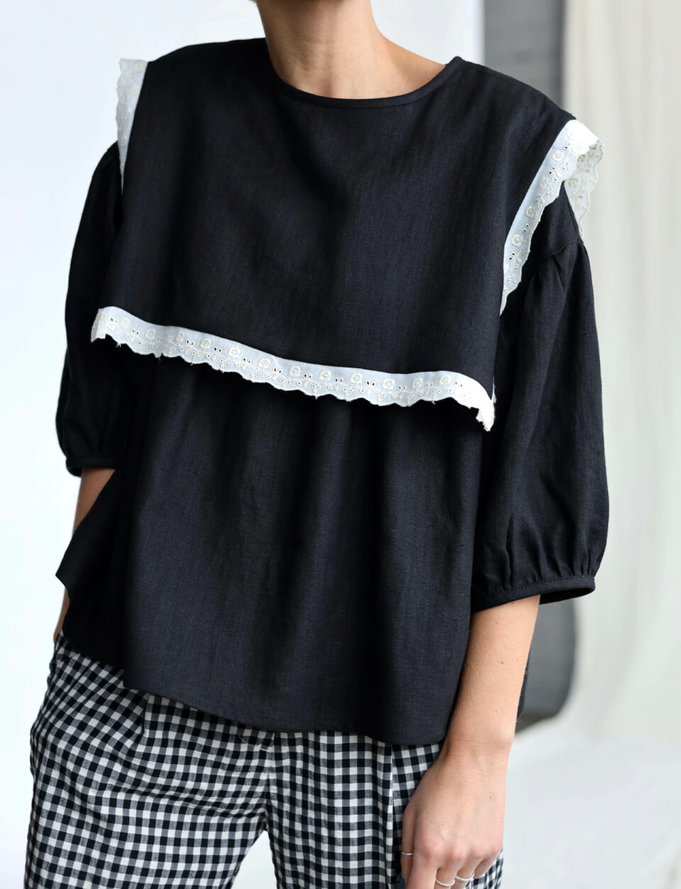 Oversized large collar black linen blouse AMELIA - Image 1