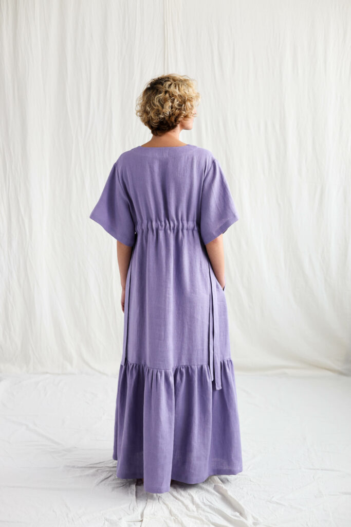 Lavender linen maxi dress with adjustable waist ties - Image 1